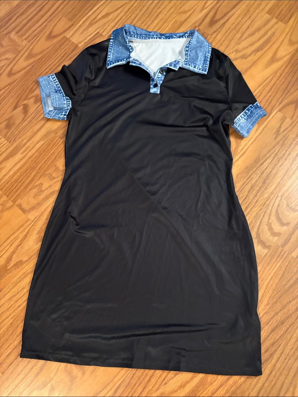 Black Polo Dress with Denim-Trim Collar and Cuffs